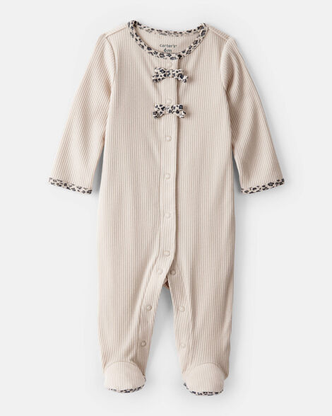 baby girl bow cotton long-sleeve snug fit sleep & play pajamas - brown
