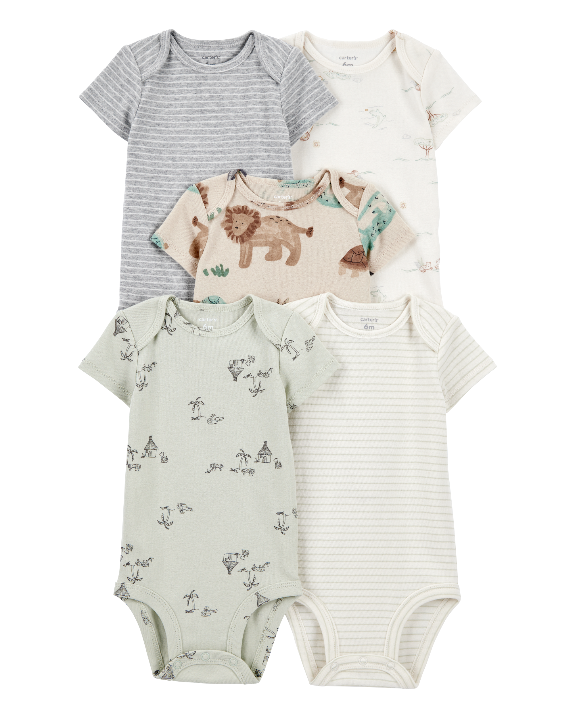 Baby Boy 5-Pack Safari Short Sleeve Bodysuits - Beige/Cream/Grey/Green
