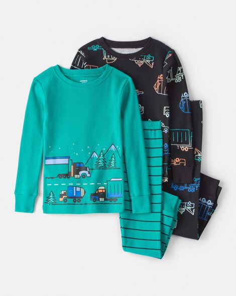 toddler boy truck 100% cotton snug fit 4-piece pajamas - green