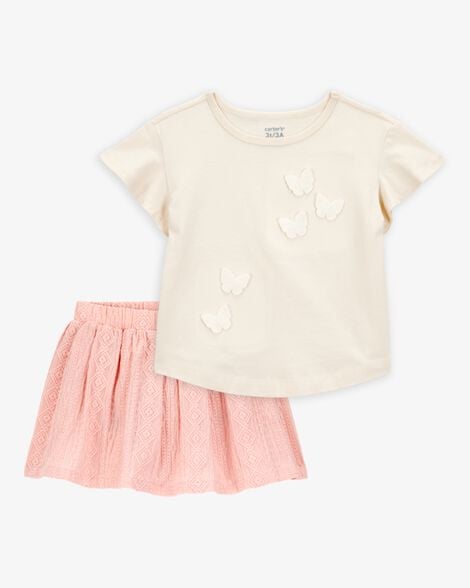 Product image 1 of Baby 2-Piece Butterfly Short-Sleeve Top & Crochet Skort Set - Pink/Ivory