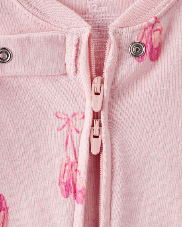 Product image 2 of Baby Girl Ballet Print 100% Cotton Long-Sleeve 2-Way Zip 1-Piece Pajamas - Pink