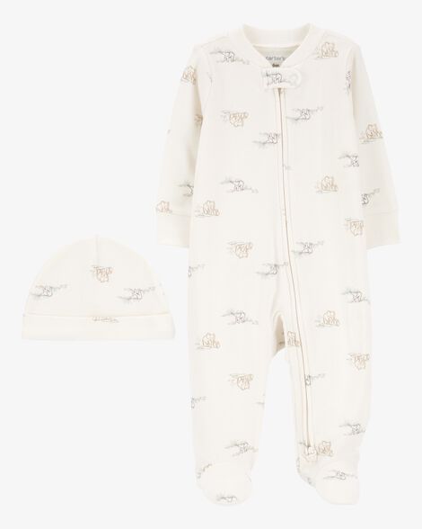 Product image 1 of Baby 2-Piece 2-Way Zip Elephant Cotton Sleep & Play Pajamas & Cap Set