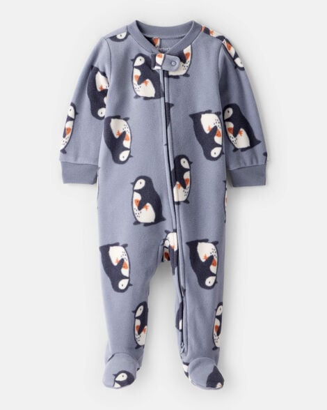 baby boy penguin dreamplush snug fit 2-way zip sleep & play pajamas - grey