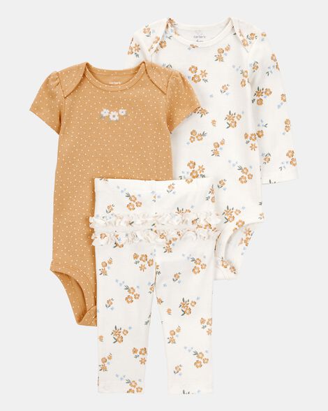 baby girl 3-piece floral little character set® - gold/white