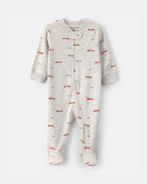 baby boy race car cotton 2-way zip sleep & play pajamas - grey