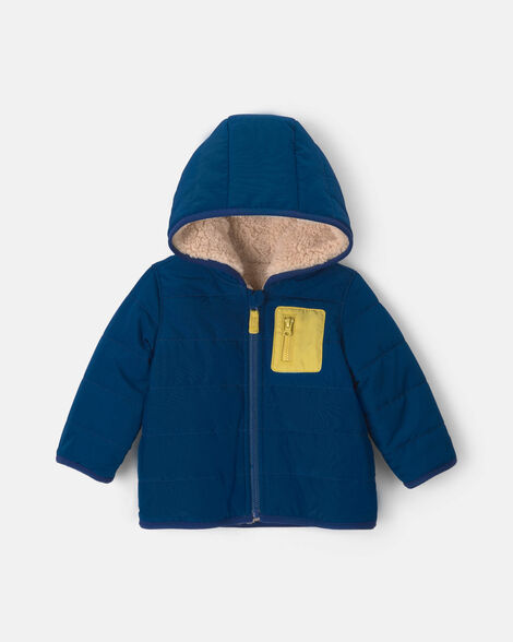 baby boy teddy fleece-lined puffer jacket - blue/yellow