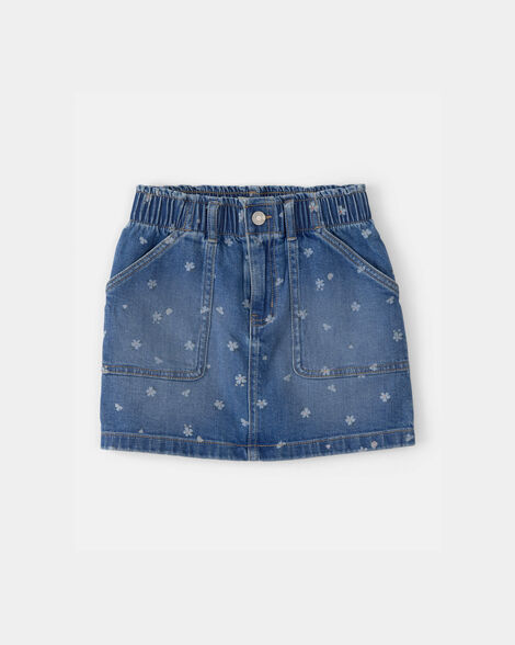 Girls Floral Denim Utility Skirt - Dark Wash