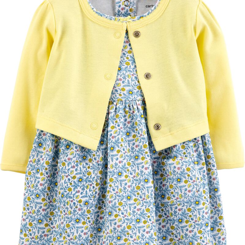 2Piece Floral Bodysuit Dress & Cardigan Set