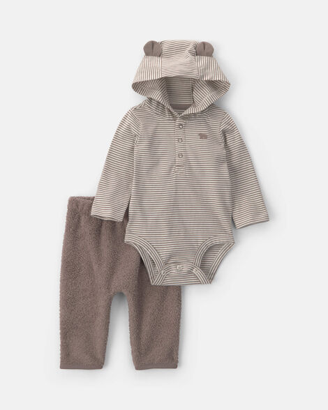 baby boy 2-piece bear teddy fleece long-sleeve bodysuit & pant set - brown