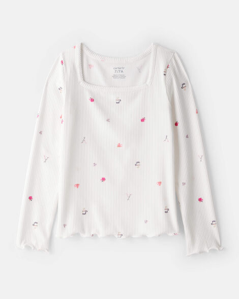 girls cafe-print ribbed top - ivory