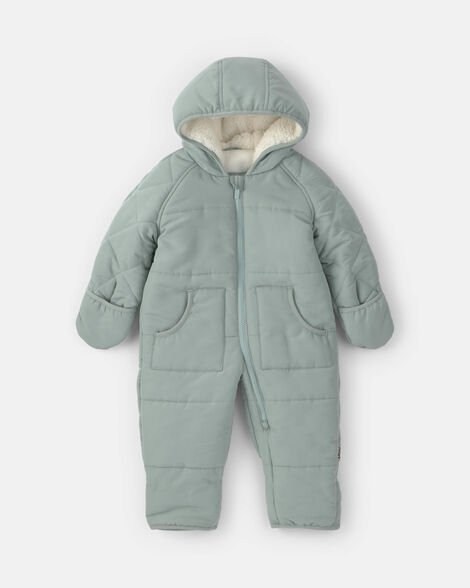 baby boy 1-piece hooded teddy fleece quilted pram snowsuit - green