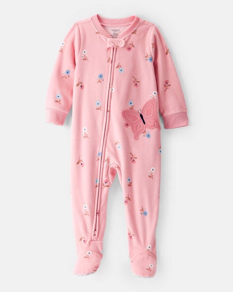 Product image 1 of Toddler Girl Butterfly & Floral Print Loose Fit Long-Sleeve 2-Way Zip 1-Piece Pajamas - Pink