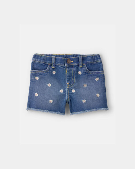 Toddler Girl Daisy Denim Embroidered Shorts - Dark Wash