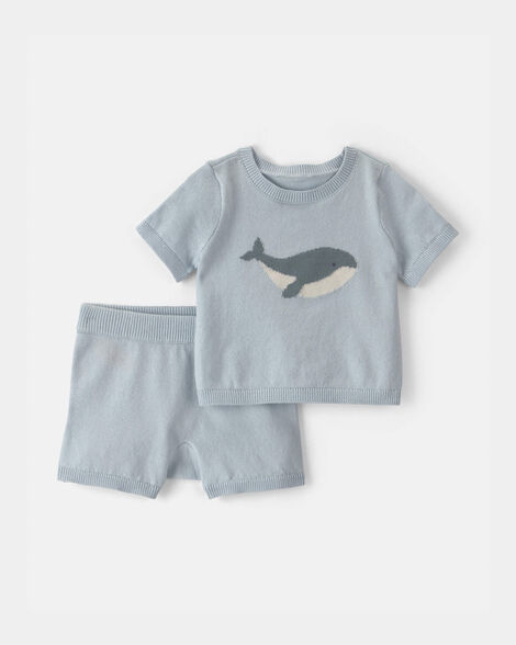 baby 2-piece whale short-sleeve sweater top & short set - blue