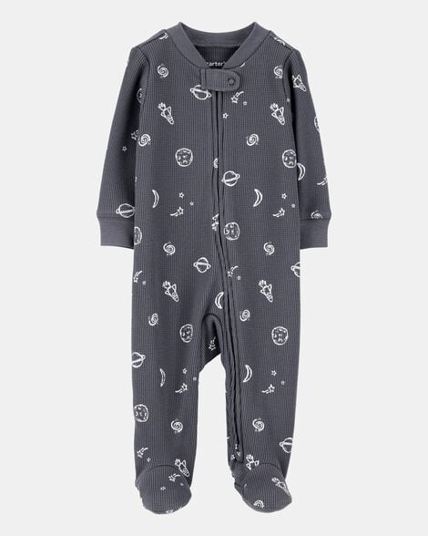 baby boy space print 2-way zip waffle knit sleep & play pajamas - grey