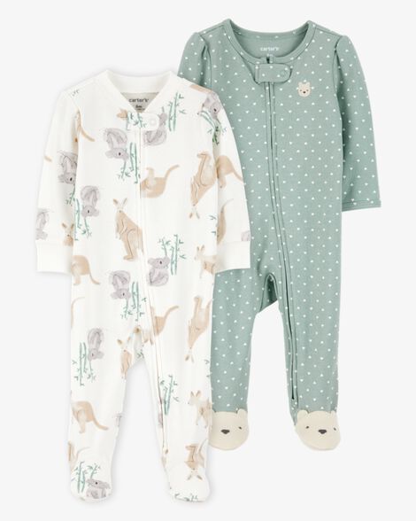 Product image 1 of Baby 2-Pack Cotton 2-Way Zip Sleep & Play Pajamas - Green/Ivory
