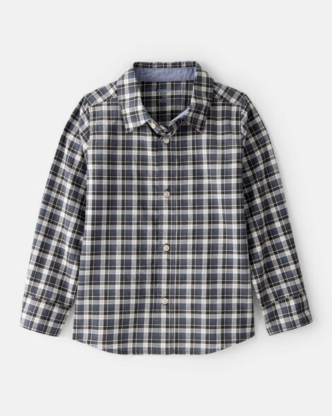 Boys Plaid Cotton Long-Sleeve Button-Down Shirt - Grey