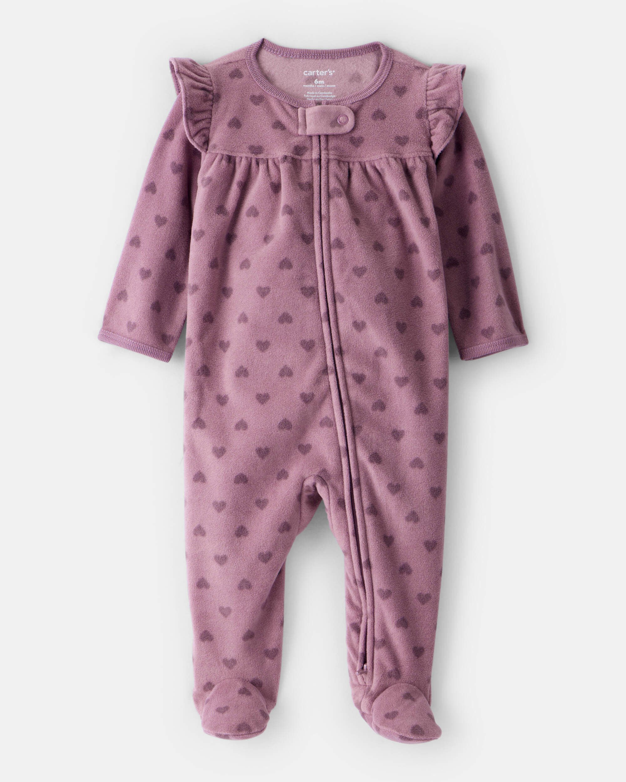 Baby Girl Heart Print Fleece Long-Sleeve Loose Fit Sleep & Play Pajamas - Purple