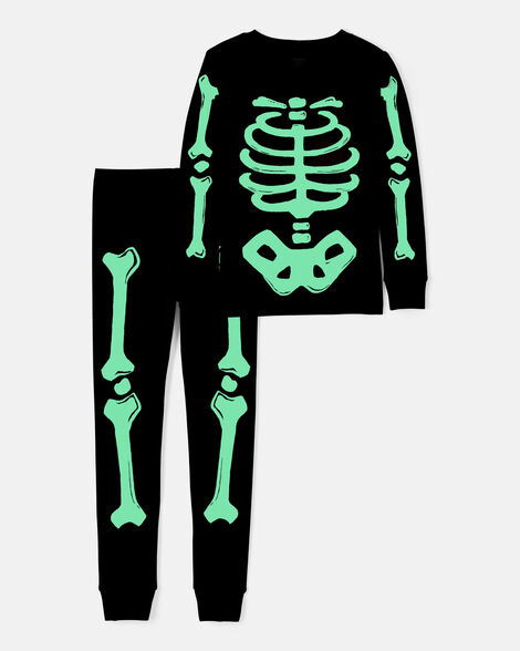 Kid 2-Piece Glow Halloween Skeleton 100% Snug Fit Cotton Pajamas - Black