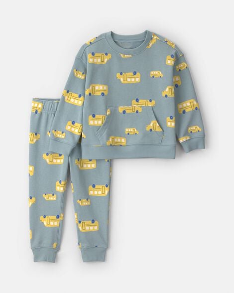 toddler boy 2-piece school bus french terry hoodie & pant set - blue/yellow