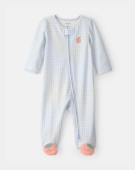 baby girl peach gingham 2-way zip 100% cotton sleep & play pajama - blue
