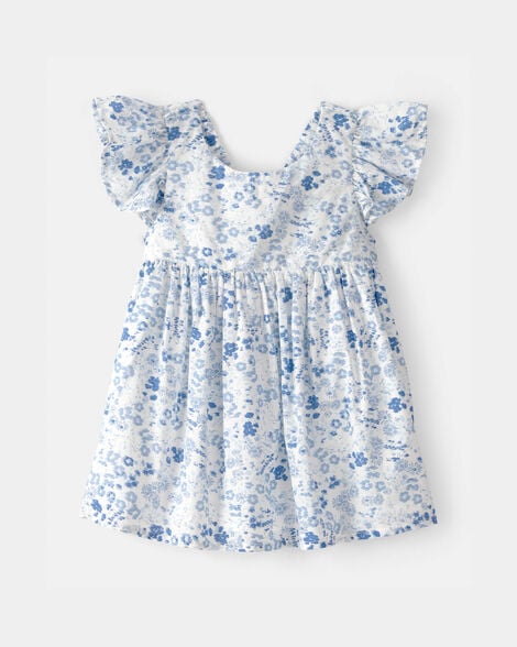 Baby Girl Floral Ruffle Dress - Blue/White