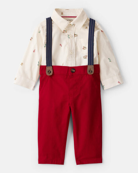 baby boy 3-piece holiday print cotton long-sleeve shirt & suspender pant set - red/white