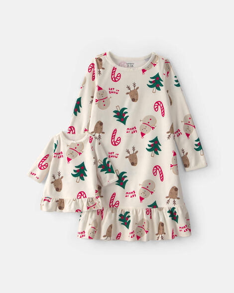 girls 2-piece christmas icon fleece loose fit night gown & doll gown - cream