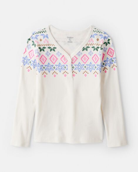 Girls Fair Isle Thermal Henley Top - Ivory