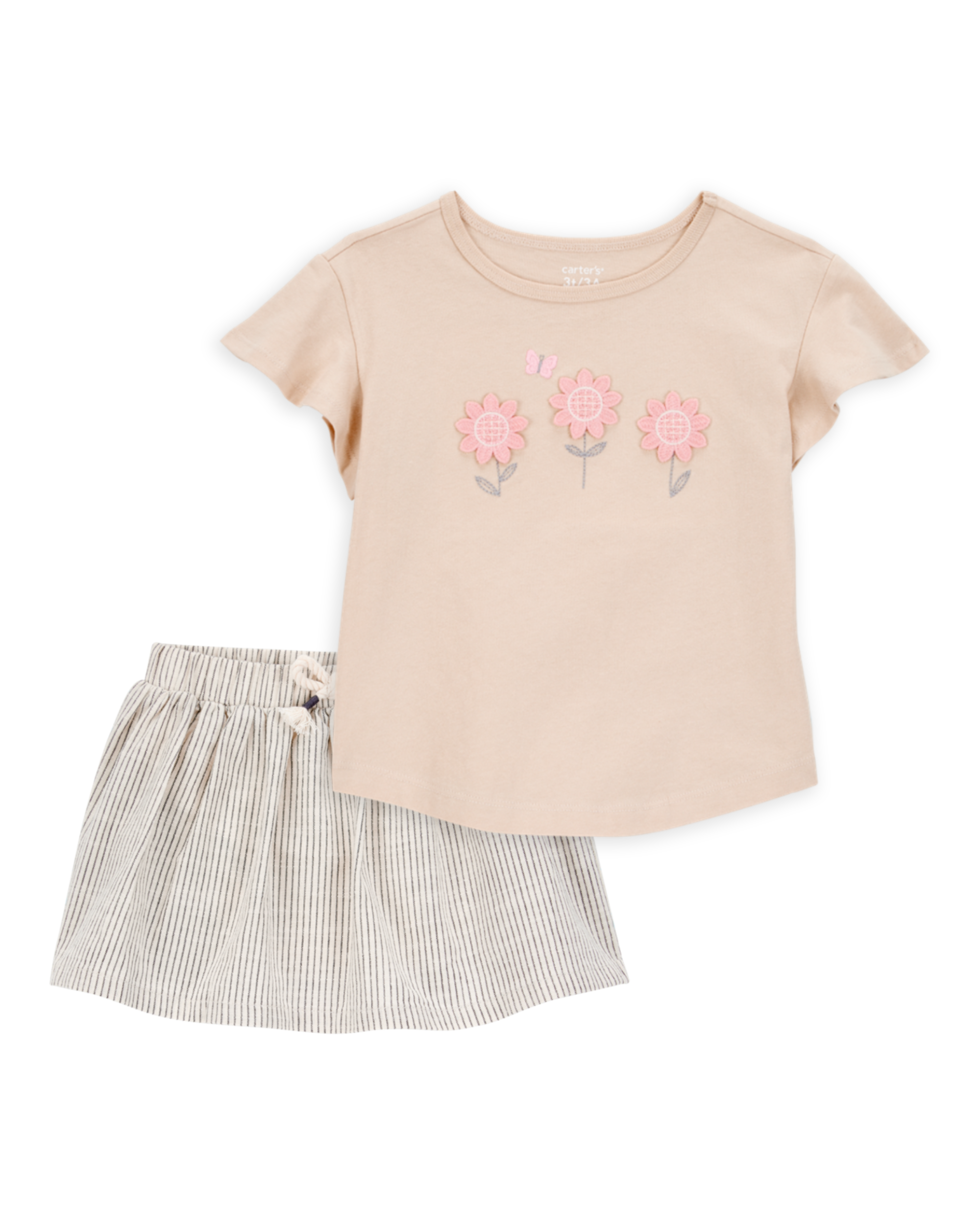 Baby 2-Piece Floral Short-Sleeve Top & Striped Skort Set - Tan/Black