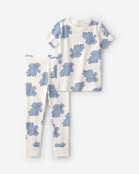 toddler 2-piece elephant 100% cotton snug fit pajama set - white/blue