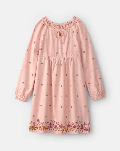 Girls Floral Twill Long-Sleeve Dress - Pink