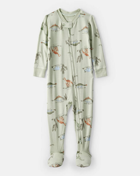 baby boy dinosaur print purelysoft long-sleeve 2-way zip 1-piece pajamas - green