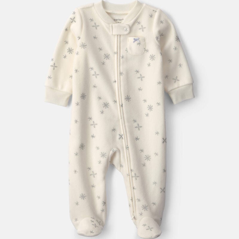 Baby Girl Snowflake Fleece 2-Way Zip Sleep & Play Pajamas - Cream