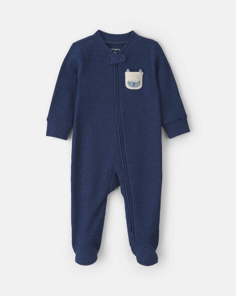 baby boy yeti cotton 2-way zip thermal sleep & play pajamas - navy