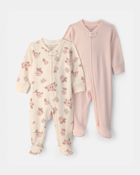 baby girl 2-pack floral striped 100% cotton 2-way zip sleep & play pajamas - pink/ivory