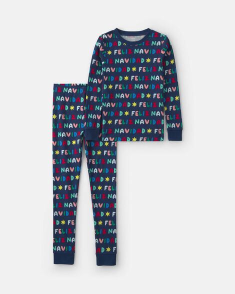 kids 2-piece 'feliz navidad' christmas 100% cotton snug fit pajama set - navy blue