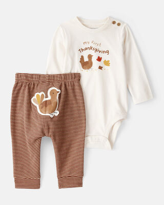 Product image 1 of Baby My First Thanksgiving Cotton Long-Sleeve Tee & Pant Set - Brown/Cream