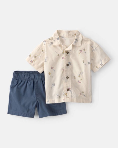 baby boy 2-piece kite button-down shirt & short set - navy/ivory