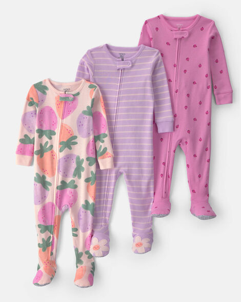 baby girl 3-pack fruit 100% cotton 1-piece pajama sets - pink/purple