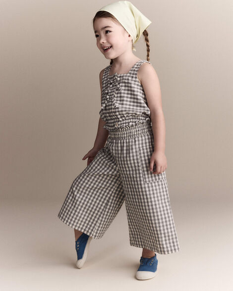 Toddler Girl Gingham Smocked Wide Leg Pant - Cream/Grey