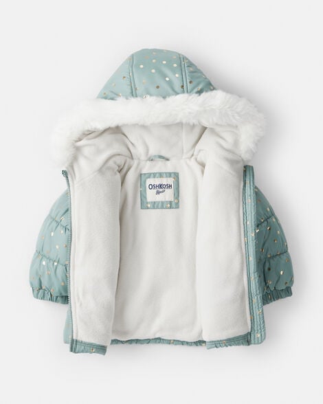 Baby Girl 2-Piece Polka Dot Hooded Snowsuit Jacket & Bib Set - Green