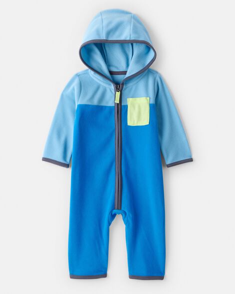 baby boy color block fleece long-sleeve jumpsuit - blue