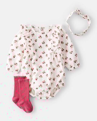 Product image 1 of Baby 3-Piece Floral Bubble Outfit Set - Pink/White
