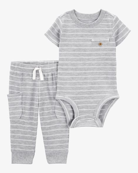  Product image 1 of Baby 2-Piece Striped Waffle Knit Bodysuit Pant Set - Heather
