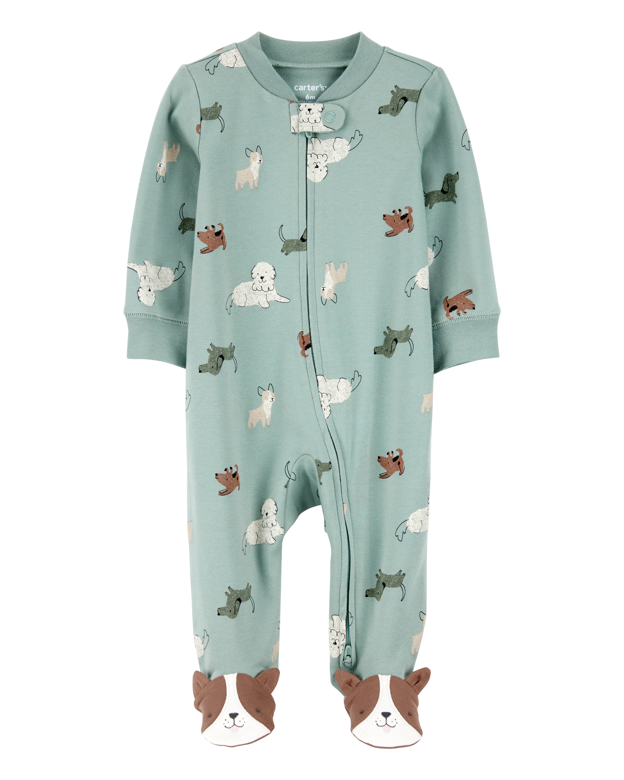 Baby Boy Dog Print 2-Way Zip Cotton Sleep & Play Pajamas - Green