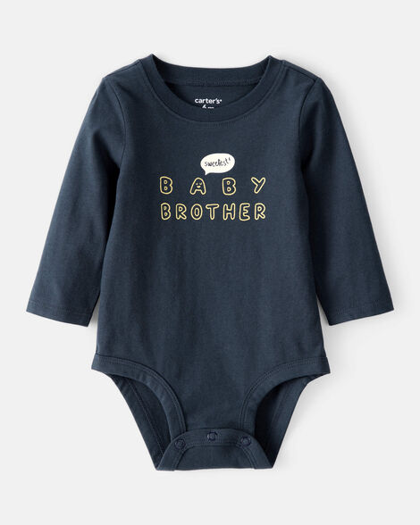 baby boy sweetest baby brother cotton long-sleeve graphic bodysuit - navy blue