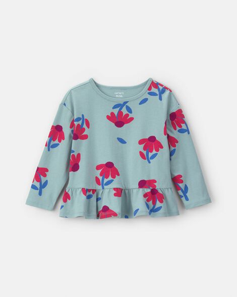 toddler girl floral long-sleeve peplum top - blue/red