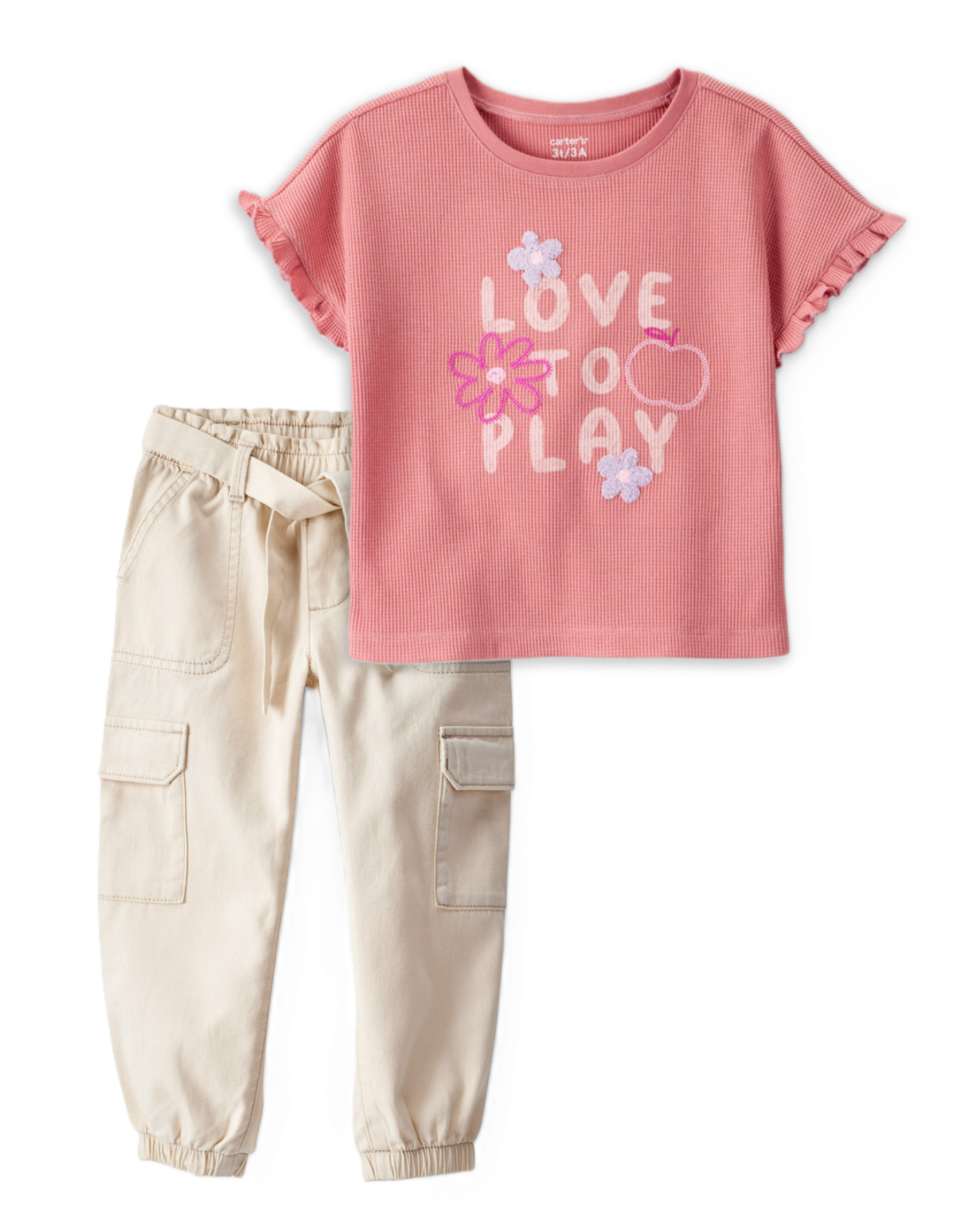 Toddler Girl 2-Piece Love to Play Graphic Tee & Cotton Cargo Joggers Set - Ivory/Pink