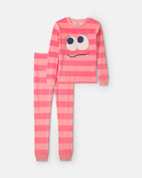 girls 2-piece monster striped dreamplush snug fit pajama set - coral